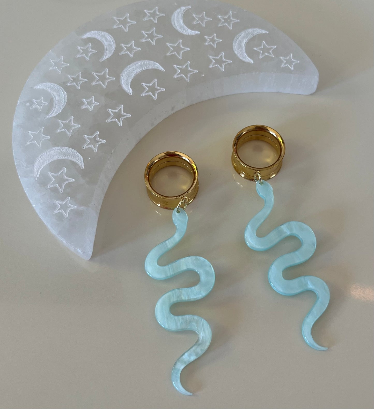 Iridescent Teal Snake Dangle Plugs
