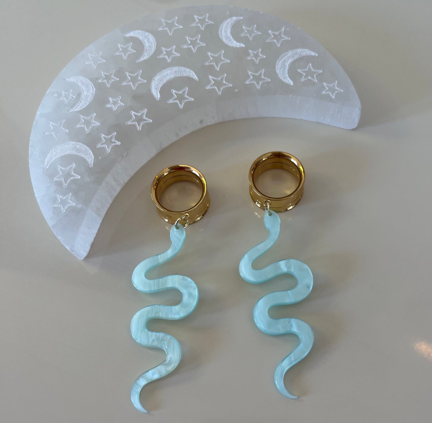 Iridescent Teal Snake Dangle Plugs